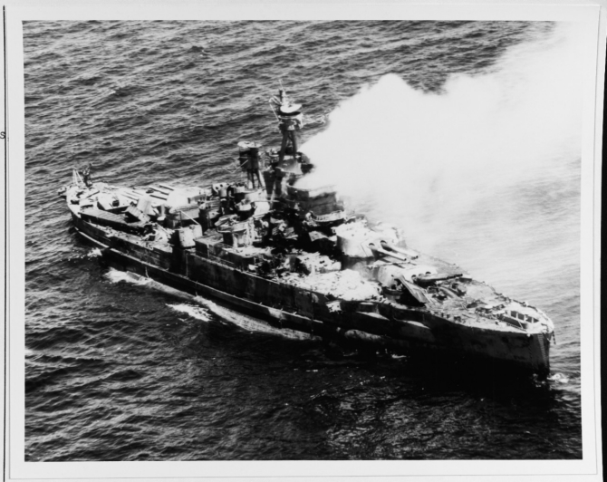 Nevada being sunk in ordnance tests off Pearl Harbor on 31 July 1948. (U.S. Navy Photograph 80-G-498257 National Archives and Records Administration, Still Pictures Division, College Park, Md.)