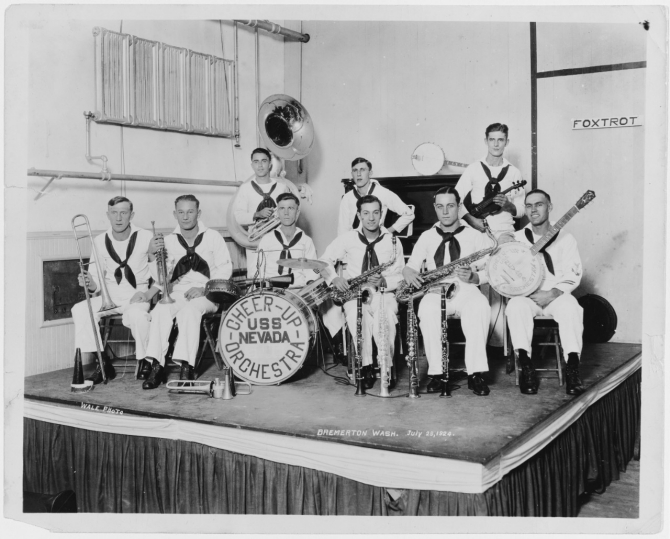 Nevada's orchestra, photographed at Bremerton, Wash., 29 July 1924, by Wale. Collection of Delmar Ketch. (Naval History and Heritage Command Photograph NH 93413)