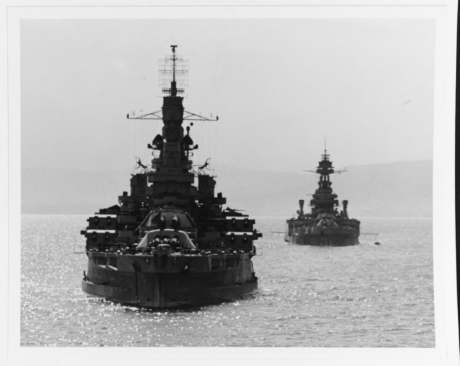 Photographed from Quincy (CA-71), Nevada in Belfast Lough, Northern Ireland, 14 May 1944. Texas (BB-35) is at right. (U.S. Navy Photograph 80-G-367897 National Archives and Records Administration, Still Pictures Division, College Park, Md.)
