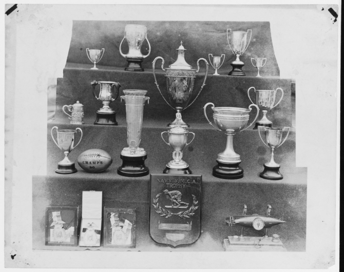 Nevada’s athletic trophies won by the ship's crew photographed circa 1921. Collection of Delmar Ketch. (Naval History and Heritage Command Photograph NH 93412)