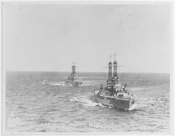 Nevada steaming in company with Oklahoma (BB-37) in the Atlantic, circa the early-mid 1920s. Photo by A.E. Wells, Washington, D.C. (Naval History and Heritage Command Photograph NH 45456)