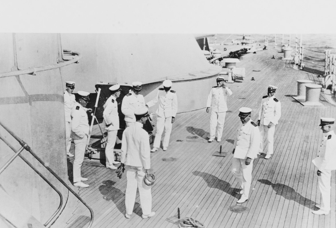 Capt. William V. Pratt (third from right) playing a game of ring toss on board New York with other ship's officers, circa 1919-1920. (Courtesy of the Naval Historical Foundation, Admiral William V. Pratt Collection, Naval History and Heritage Com...