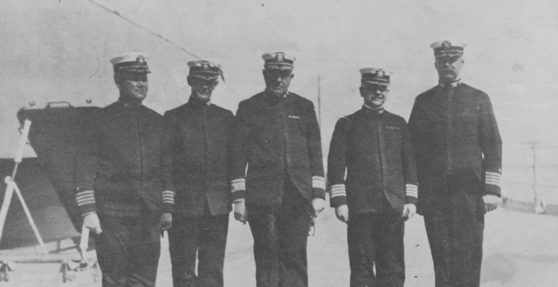 Commanding officers of the battleships of the Sixth Battle Squadron: (left to right) Capt. Archibald H. Scales, Delaware; Capt. Henry A. Wiley, Wyoming; Rear Adm. Hugh Rodman; Capt. Thomas Washington, Florida, and Capt. Charles F. Hughes, New Yor...