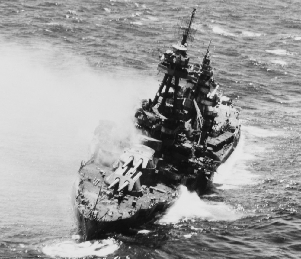 New York being sunk as a target off Hawaii on 8 July 1948. (U.S. Navy Photograph 80-G-498140, National Archives and Records Administration, Still Pictures Division, College Park, Md.)