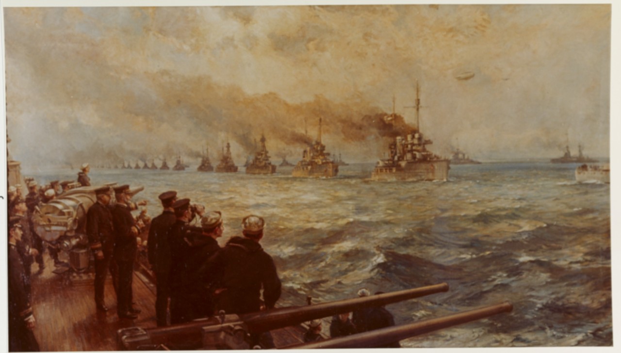 “Surrender of German High Seas Fleet on 21 November 1918”-- oil on canvas by Bernard F. Gribble, 1920. Vice Adm. William S. Sims, and Rear Adm. Rodman on board New York. (Naval History and Heritage Command Photograph NH 58842-KN)