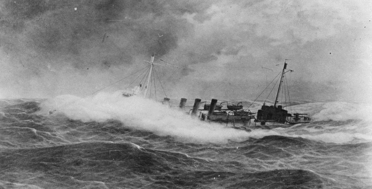 O’Brien buries her bow in white water during a storm south of Ireland while on escort duty in December 1917 in this dramatic painting by Burnell Poole, 1925. (Naval History and Heritage Command Photograph NH 1048)