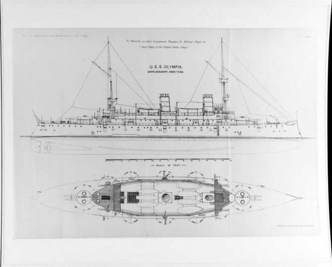 Unofficial plans of the ship, published in the Transactions of the Society of Naval Architects and Marine Engineers, 1893. (Deutsch Lithographic and Printing Co., Baltimore, Md., 1893, U.S. Navy Photograph NH 70108, Photographic Section, Naval History and Heritage Command)