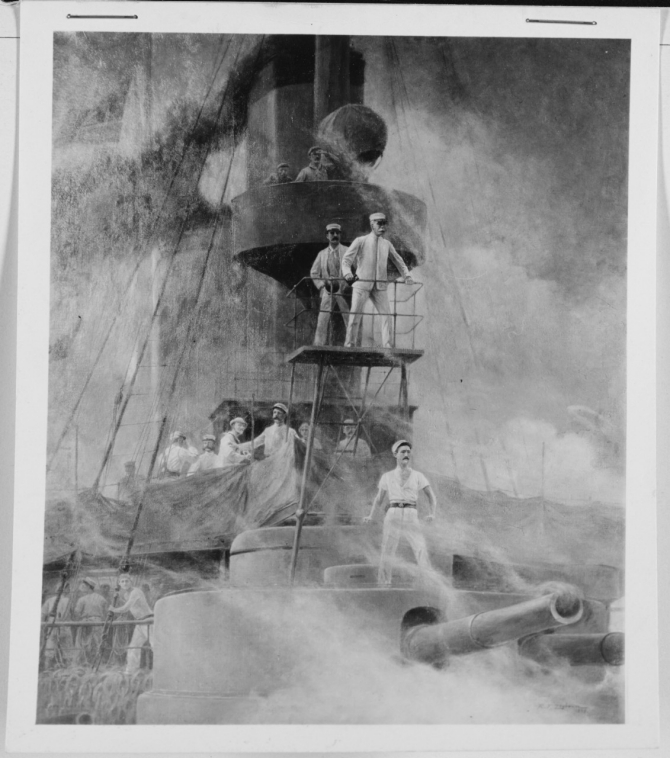 Rufus F. Zogbaum portrays Dewey and Gridley on board the flagship amidst the smoke as the Battle of Manila Bay begins, 1 May 1898. (U.S. Navy Photograph NH 123397, Art Gallery, Naval History and Heritage Command)
