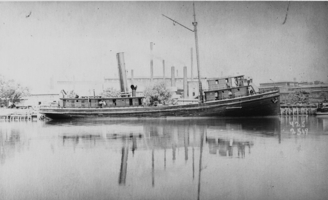 J. A. Palmer, Jr. (close investigation shows the full name visible with the elaborate scrollwork at the bow), in a view taken circa 1912, her lines as a “Menhaden Fisherman” very apparent. (Naval History and Heritage Command Photograph NH 100226)