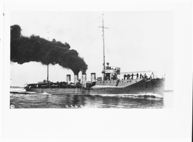 Underway prior to World War I, Parker makes dense smoke from her middle boilers. Probably photographed by Waterman, Hampton Roads, Virginia. Courtesy of Jack Howland, 1985. (Naval History and Heritage Command Photograph NH 100402)