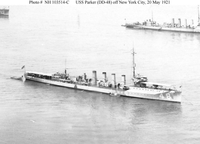 Close-up of Parker in the North River off New York City, 20 May 1921 (Cropped from NH 103514, a panoramic photograph by Himmel & Tyner, New York, Naval History and Heritage Command Photograph NH 103514-C)