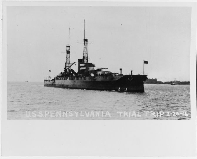 Pennsylvania off Newport News on her trial trip, 20 February 1916. (Naval History and Heritage Command Photograph NH 89492) 