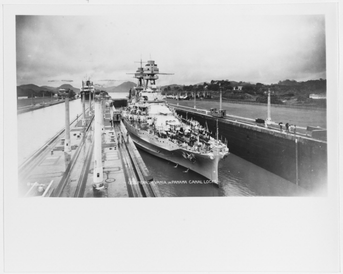 Pennsylvania in the Miraflores Locks, Panama Canal, circa 1931-32. Collection of ADJC Francis Brannigan, USN Ret., 1982. (Naval History and Heritage Command Photograph NH 93734) 