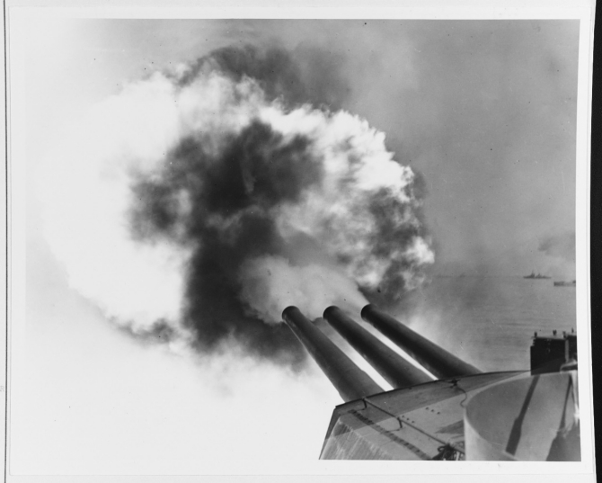 Pennsylvania’s 14-inch guns firing on Leyte on 20 October 1944. (U.S. Navy Photograph 80-G-288473, National Archives and Records Administration, Still Pictures Division, College Park, Md.)  