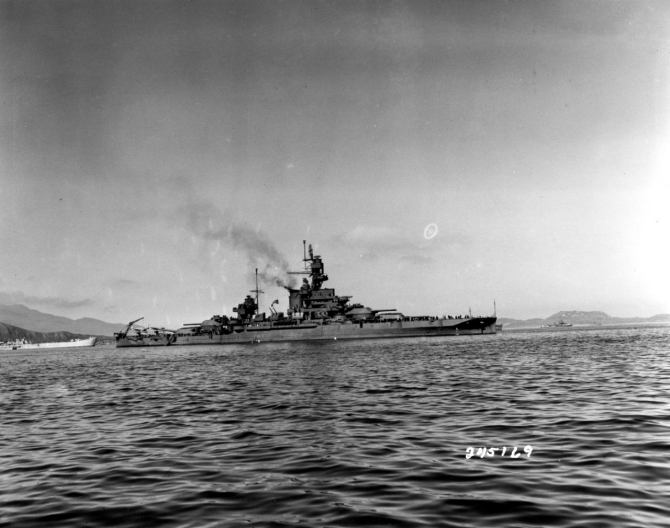 Pennsylvania in Adak Bay, Adak, Aleutian Islands, Alaskan Territory, 12 August 1943, just prior to the Kiska operation. An LST is in the left background. (U.S. Army Signal Corps Photograph SC-245169, National Archives and Records Administration, Still Pictures Division, College Park, Md.)