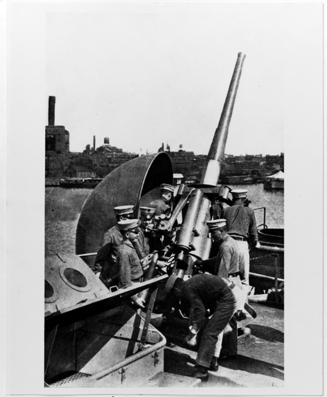 Ship's marines exercise with a 3-inch/50 anti-aircraft gun prior to World War I. Published in The United States Navy Illustrated, C.S. Hammond and Company, New York, 1917. (Naval History and Heritage Command Photograph NH 79493) 