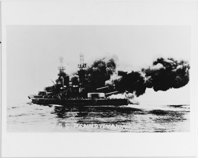Pennsylvania firing a 14-inch broadside, during the early 1920s. Courtesy of Mrs. D.M. Corn, Las Cruces, New Mexico. (Naval History and Heritage Command Photograph NH 78908)