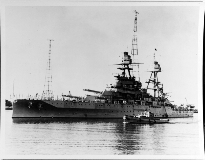 Pennsylvania, Flagship, U.S. Fleet, Adm. Frank H. Schofield, at Pearl Harbor, Territory of Hawaii, 3 February 1932. (Naval History and Heritage Command Photograph NH 67633) 