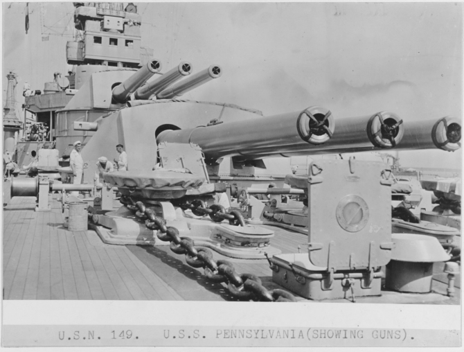Six of Pennsylvania’s 14-inch/45 caliber guns. (Naval History and Heritage Command Photograph NH 123901)