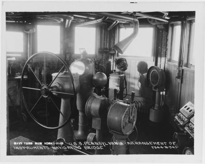 Arrangement of instruments on navigating bridge, New York Navy Yard, 21 January 1919. (Naval History and Heritage Command, NH 76572) 