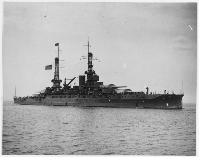 Pennsylvania, Flagship of Atlantic Fleet Commander, Adm. Henry T. Mayo, steams into New York Harbor with the "Victory Fleet” on 14 April 1919 following target practice in Cuban waters. (Naval History and Heritage Command Photograph NH 42734) 