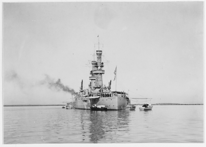 Pennsylvania in Guantanamo Bay, Cuba, early in 1920. Note Flag Officer's barge at her stern. (Naval History and Heritage Command Photograph NH 42738) 