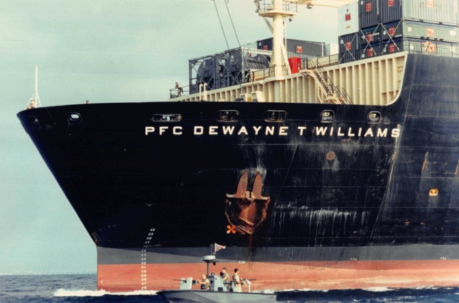 PFC Dewayne T. Williams- USCG patrol craft escorts ship during Operation Desert Shield