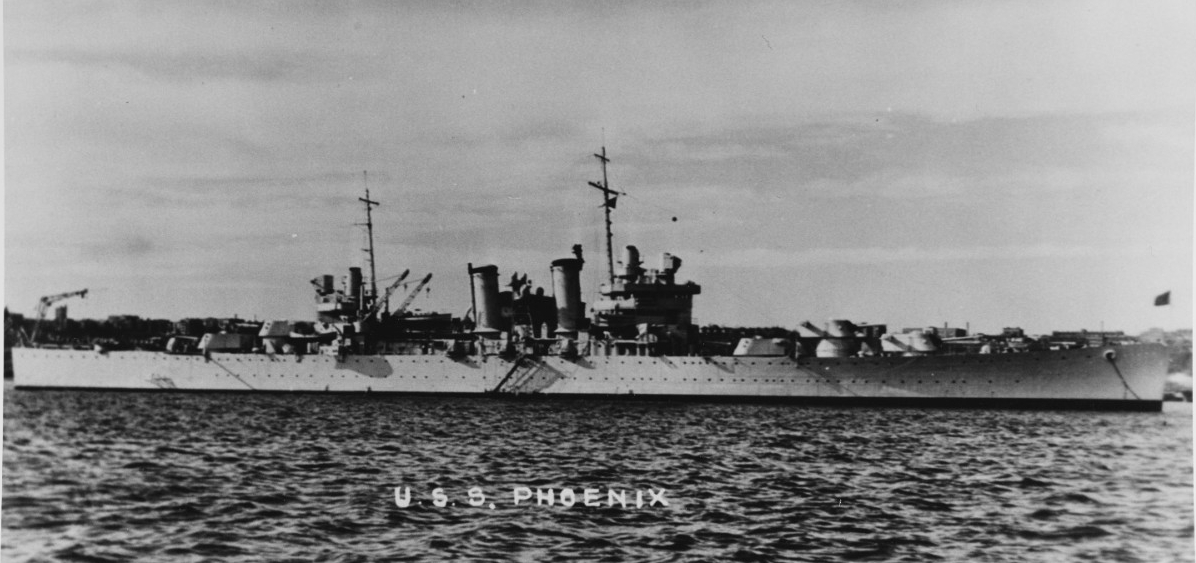 A starboard beam view of Phoenix while at anchor shortly after her commissioning, 1938–1939. (Naval History and Heritage Command Photograph NH 68326, Courtesy of Donald M. McPherson, 1969)