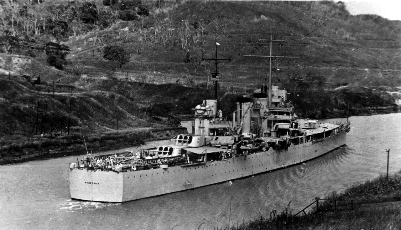 The ship passes through the Panama Canal, circa 1939. (Phoenix (CL-46), Ships History File, Naval History and Heritage Command)
