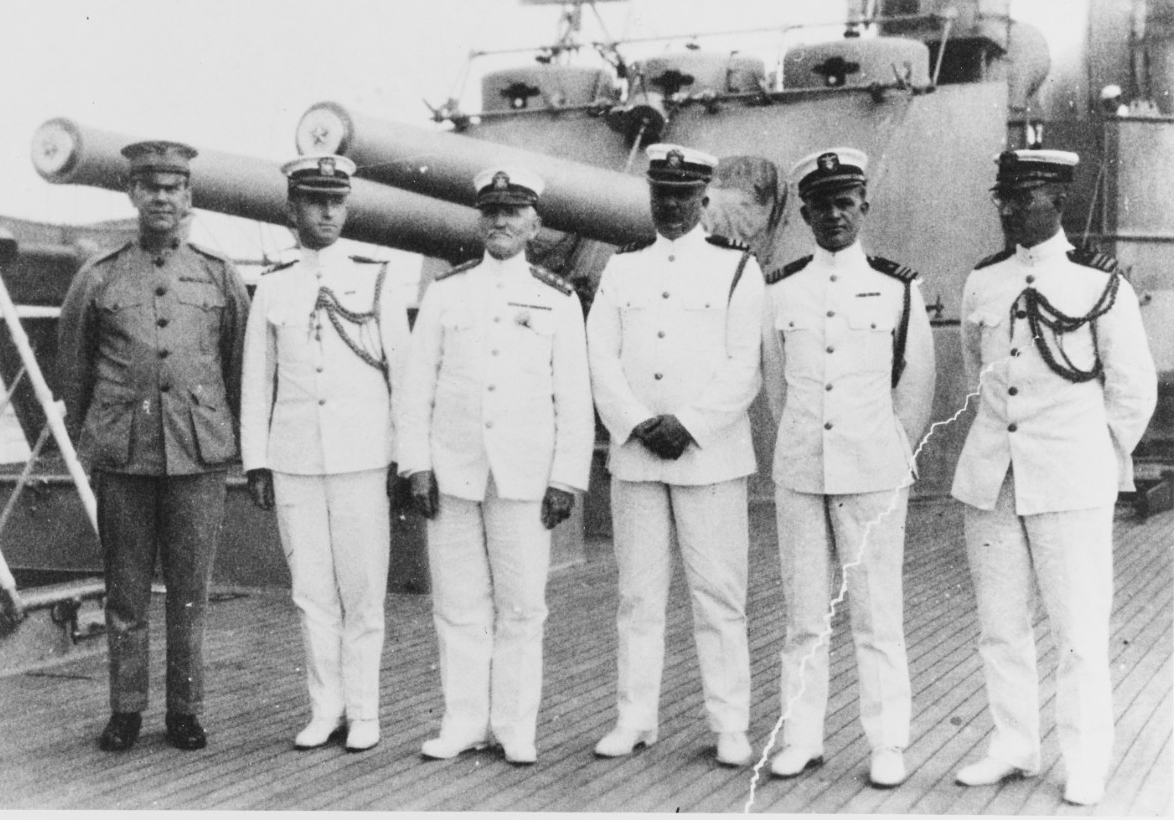Admiral Caperton, Commander-in-Chief, Pacific Fleet, with staff on USS PITTSBURGH (CA-4)