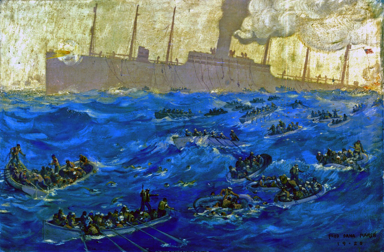 President Lincoln; painting by Fred Dana Marsh, 1920, depicting the ship sinking after she was torpedoed by the German submarine U-90 on 31 May 1918. Twenty-six lives were lost with her, and one officer was taken prisoner. Courtesy of the Navy Ar...