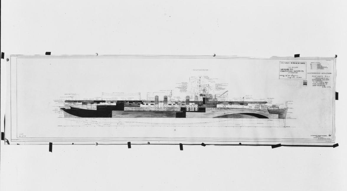 A starboard side drawing prepared by the Bureau of Ships, circa 1943–1944, for a camouflage scheme intended for small aircraft carriers of the Independence (CVL-22) class. Capt. Henry A. Ingram approves the scheme, Camouflage Measure 33, Design 7...