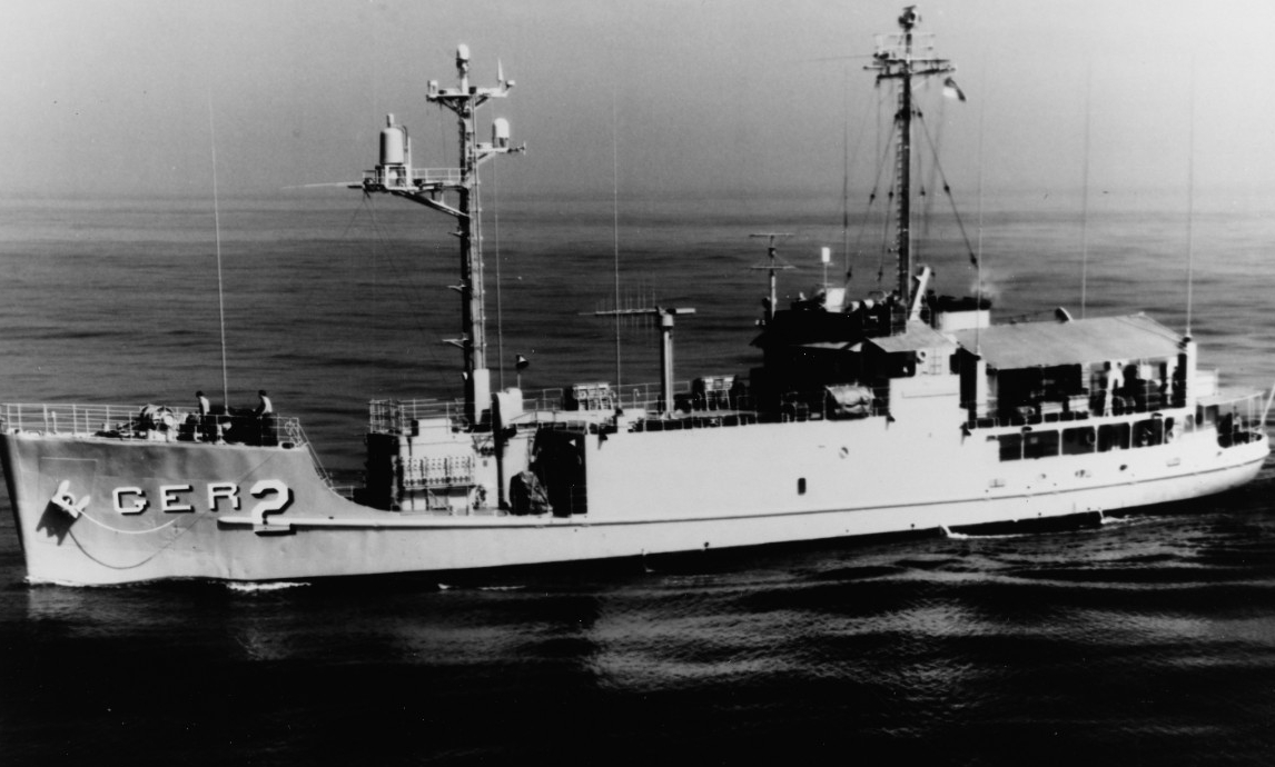 Pueblo rides low in the water as the ship completes her shakedown cruise in southern California waters, 19 October 1967. (Naval History and Heritage Command Photograph 1129208)