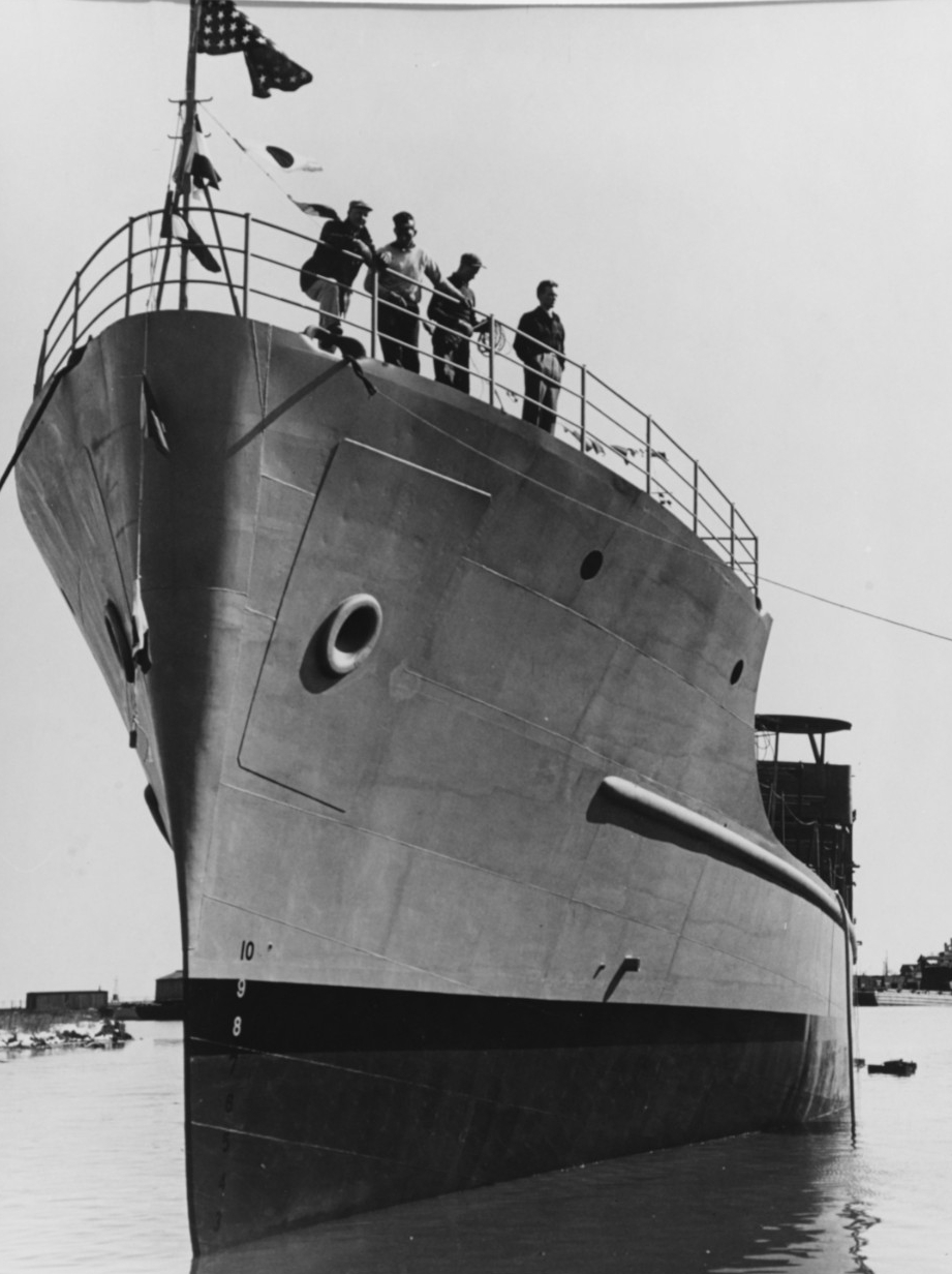 The ship as she appears shortly after launching at Kewaunee, Wisc., 16 April 1944. (Naval History and Heritage Command Photograph NH 74689)