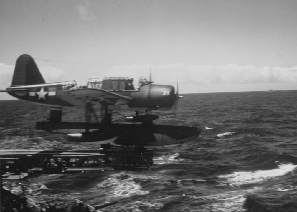 The ship catapults one of her Kingfishers from astern, most likely during the landings off southern France, August 1944. (U.S. Navy Photograph 80-G-K-1950, National Archives and Records Administration, Still Pictures Division, College Park, Md.)