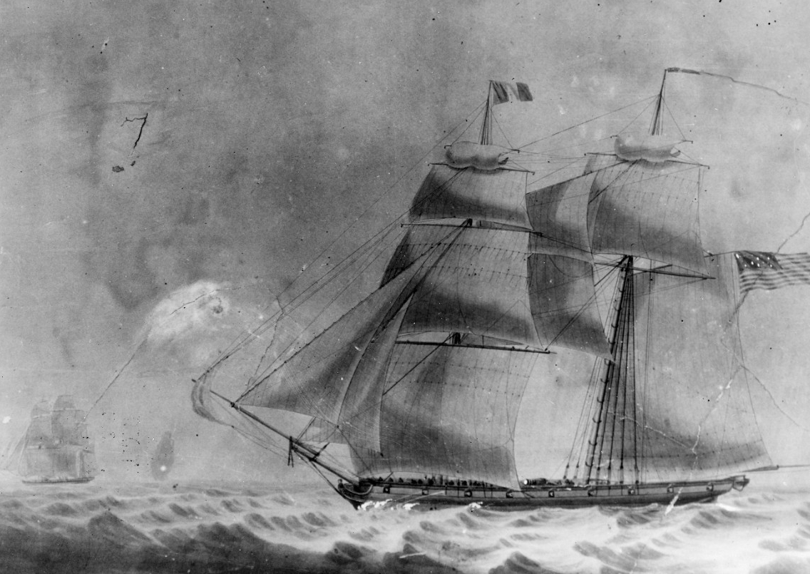 Privateer General Armstrong commanded by Capt. Reid, 1814. From a contemporary sketch in Capt. Reid's collection as inherited by his grandson, Reginald Reid, and presented to Reid (DD-369) by the widowed Mrs. Reid in 1936. (Naval History and Heri...