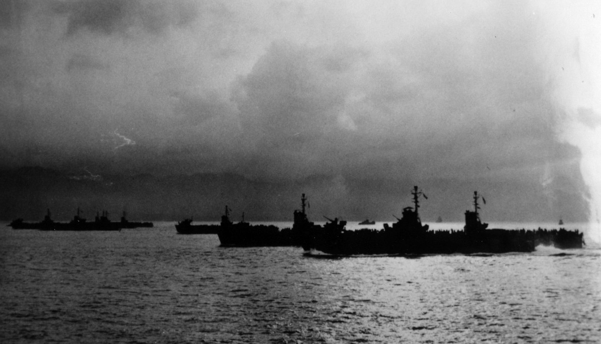 Reid escorting landing craft in the Pacific. Believed to be from the destroyer’s convoy run on 11 December 1944. (From the Captain Rufus Porter Collection, photograph UA 460.19)