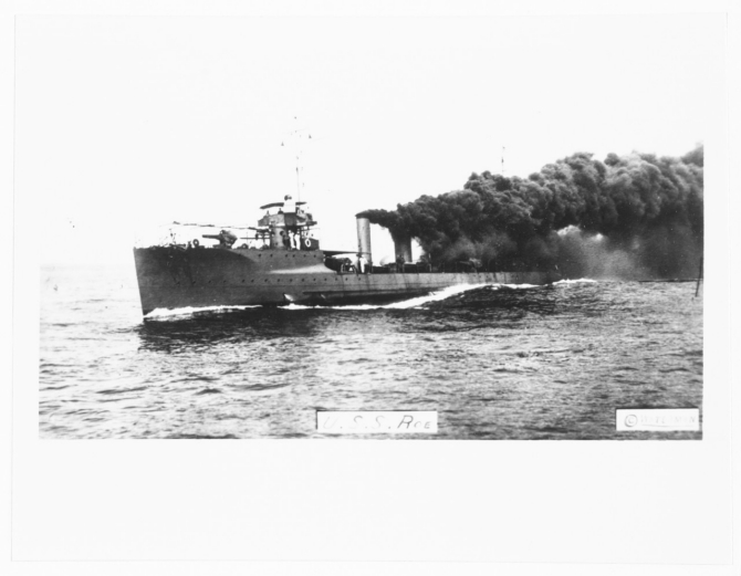 Roe laying a smoke screen, prior to the World War. (Photographed by Waterman. Naval History and Heritage Command Photograph NH 100400; courtesy of Jack Howland, 1985).