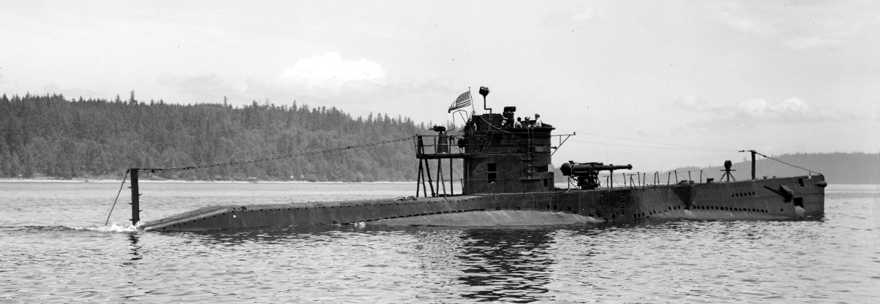 S-28 fresh from overhaul at Puget Sound, sporting a 20-millimeter mount on a platform aft of the conning tower and a cut-down fairwater. ((U.S. Navy Bureau of Ships Photograph, 19-LCM Collection, Box 527, National Archives and Records Administrat...