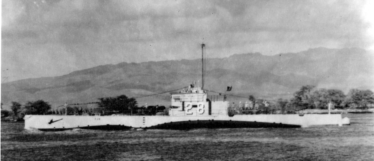 S-28 in the 1920’s, painted in a predominantly gray scheme with her identification number in white with black shadowing, standing out of Pearl Harbor. (U.S. Navy Bureau of Ships Photograph, CR-17936, National Archives and Records Administration, ...