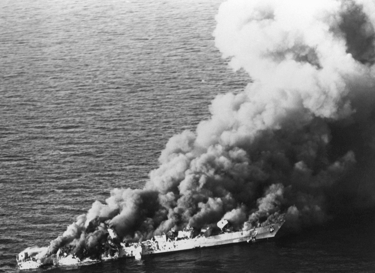 Jets flying from aircraft carrier Enterprise (CVN-65) sink Iranian frigate Sahand (74) in retaliation for the mining of Samuel B. Roberts, four days later during Operation Praying Mantis, 18 April 1988. (U.S. Navy Photograph 081212-N-1522S-005, N...