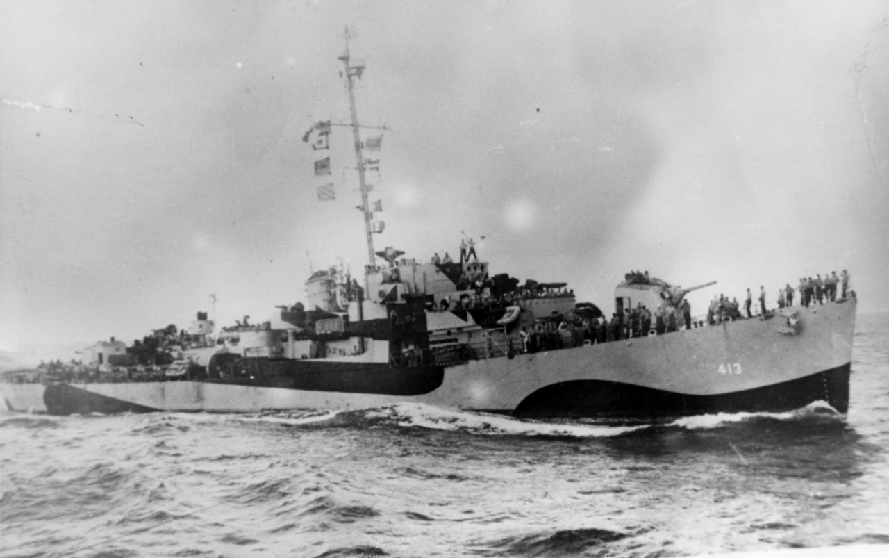 Photographed from sister ship Walter C. Wann, October 1944. (Naval History and Heritage Command Photograph NH 96011)