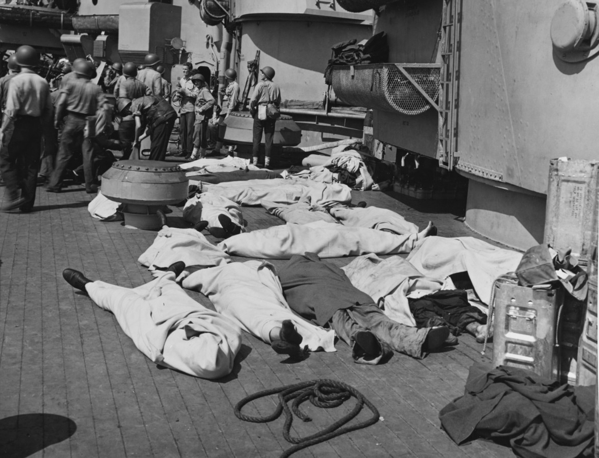 Blankets cover the men who have paid the ultimate price for freedom. (U.S. Navy Photograph 80-G-54353, National Archives and Records Administration, Still Pictures Division, College Park, Md.)