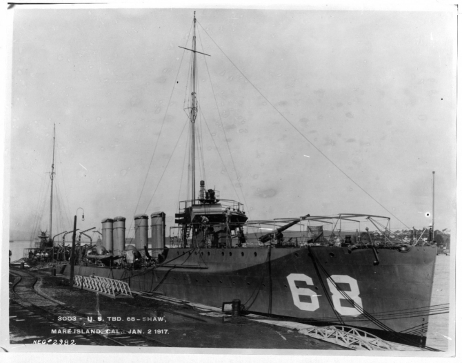 Shaw fitting out at Mare Island Navy Yard, 2 January 1917, three months prior to her being commissioned. Two of her 4-inch guns, as well as her 1-pounder antiaircraft gun, are visible in this image. (U.S. Navy Bureau of Ships Photograph 19-N-2982, National Archives and Records Administration, Still Pictures Branch, College Park, Md.)