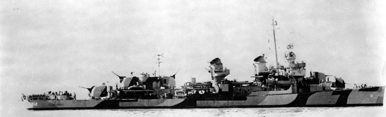 Starboard side view of Spence painted in Measure 31, Design 2c, camouflage in the waters off Hunters Point,9 October 1944. (U.S. Navy Bureau of Ships Photograph BS-80397, 19-LCM Collection, National Archives and Records Administration, Still Pict...