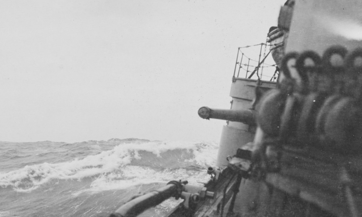 The ship rolls mercilessly as she battles heavy swells while crossing the Atlantic, circa 1918. (U.S. Navy Photograph NH 108519, Naval History and Heritage Command)