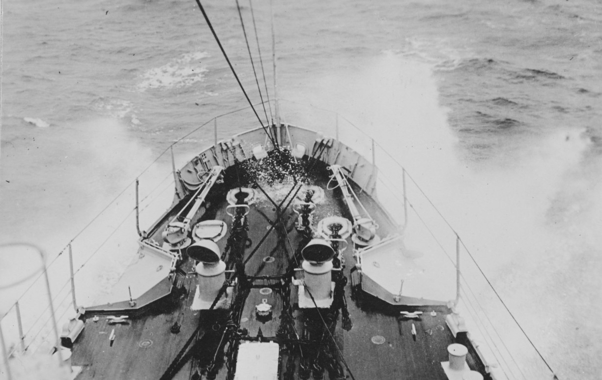 Salt spray rises over the bow as the warship crashes through the Atlantic swells, October 1918. (U.S. Navy Photograph NH 108527, Naval History and Heritage Command)
