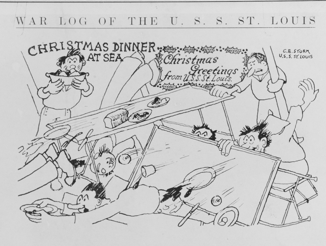 Crewmen draw a cartoon for their “War Log” aptly demonstrating the perils of eating a meal during heavy seas. (U.S. Navy Photograph NH 108531, Naval History and Heritage Command)