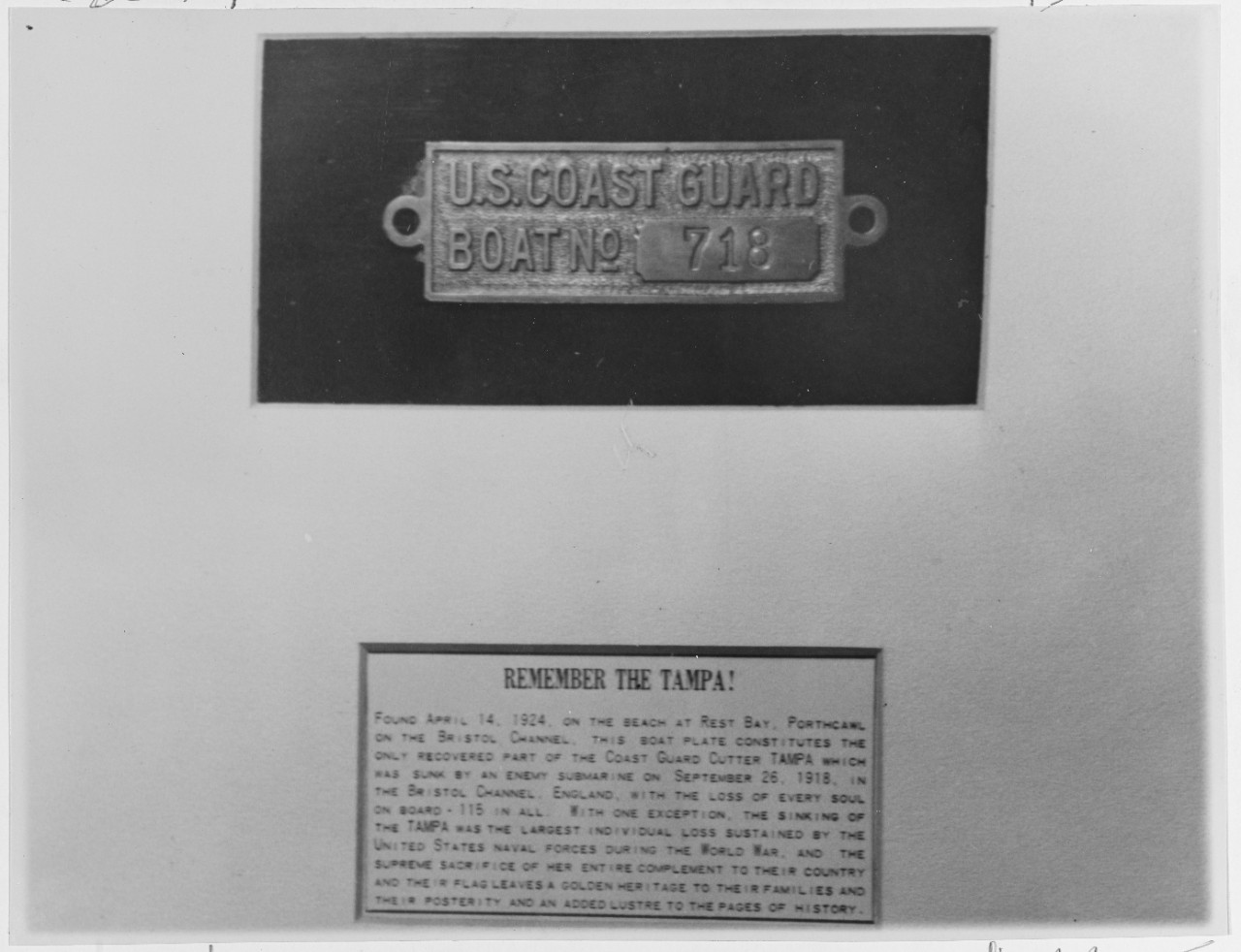 This boat plate from Tampa was found on 14 April 1924 on the beach at Rest Bay, Porthcawl, Wales. Photograph received from the Commandant, U.S. Coast Guard, March 1931. (Naval History and Heritage Command Photograph NH 41869)