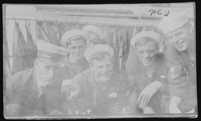 Several crewmen pose on the ship’s signal bridge, circa 1914–1915. Signalman 3rd Class Paul F. Wangerin is at right, marked “me.” (U.S. Navy Photograph NH 99951, Collection of Paul F. Wangerin, Photographic Section, Naval History and Heritage Command)